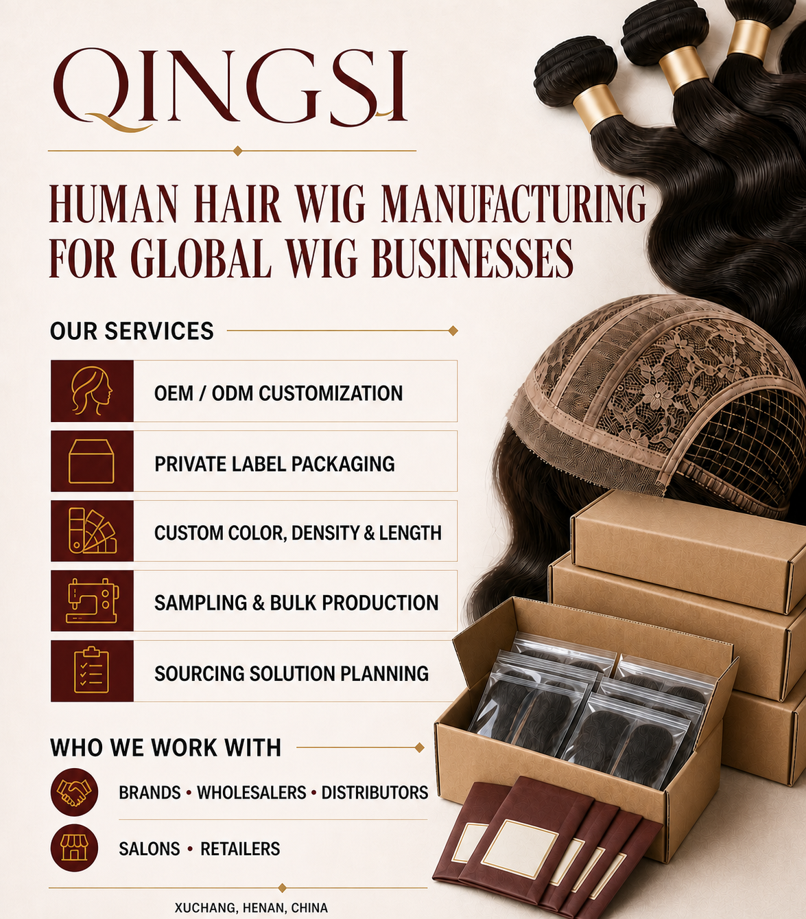 QINGSI B2B services poster highlighting OEM and ODM customization, private-label packaging, custom specifications, sampling, bulk production and sourcing planning