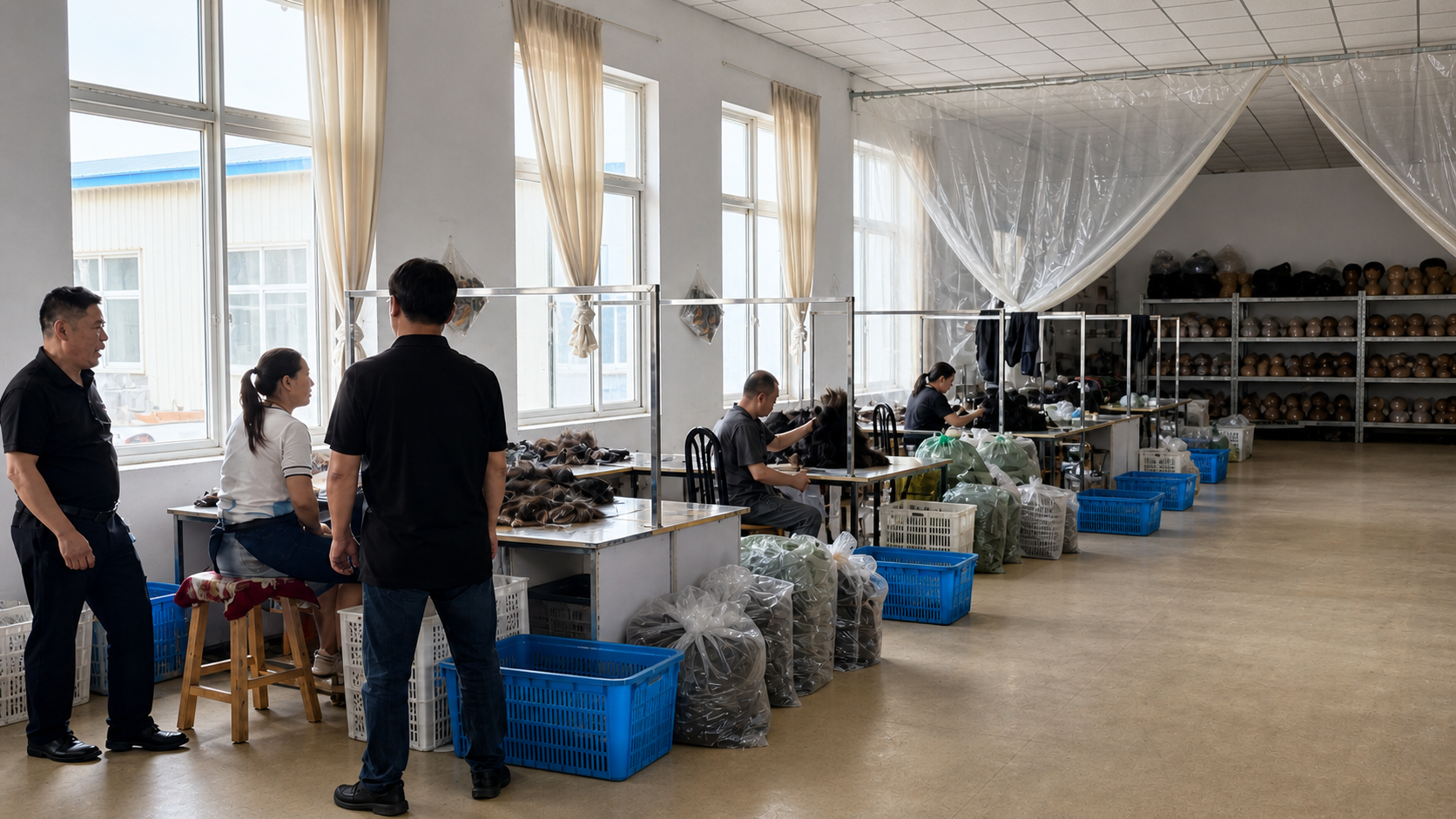 Wide view of a hair preparation workspace with team members, worktables and wig-making materials