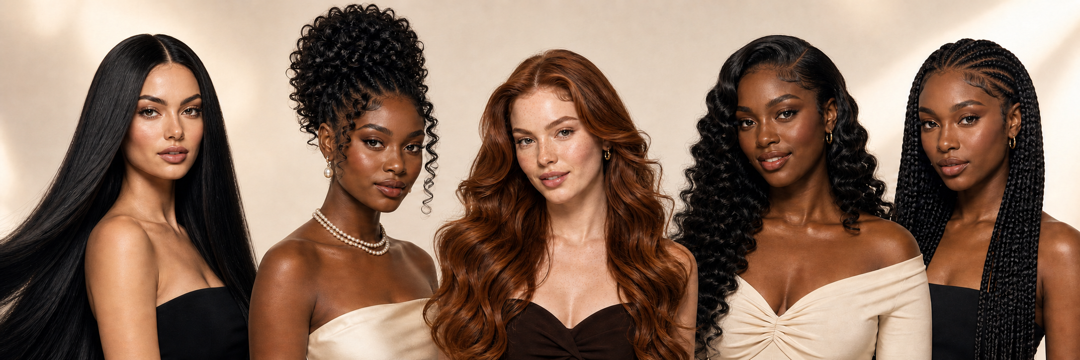 Five models presenting distinct QINGSI human hair wig styles